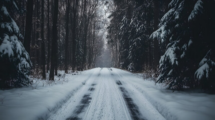 Obraz premium A snow-covered road with deep tire tracks leading through a dense forest.