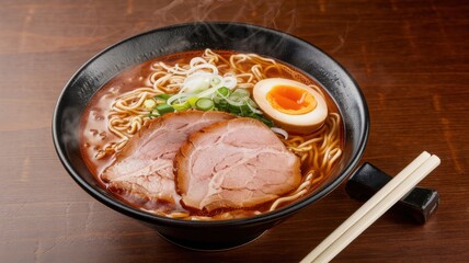 Delicious ramen bowl with pork, egg, and vegetables, served in a black bowl.