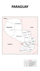 Paraguay Map. State map of Paraguay. Administrative map of Paraguay with state and capital in white color.