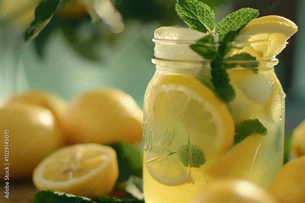 Wall mural Refreshing Lemonade with Lemon Slices and Mint