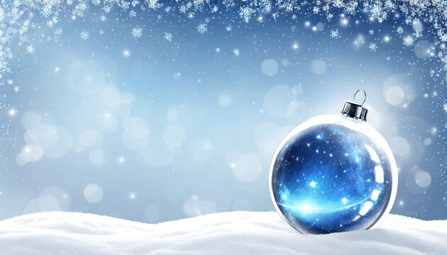 Hermoso adorno de Navidad sobre un fondo de luces bokeh. Esfera decorativa en color azul sobre un fondo nevado.
