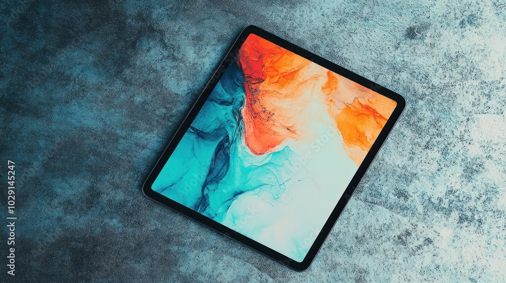 Aufkleber a modern tablet computer displaying an abstract background of swirling colors on a gray concrete sur