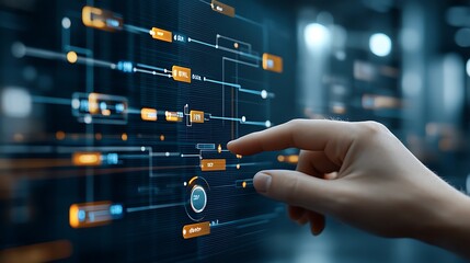 A hand dragging a task bar on a Gantt chart virtual diagram, updating the progress timeline and shifting milestone targets on a sleek display.
