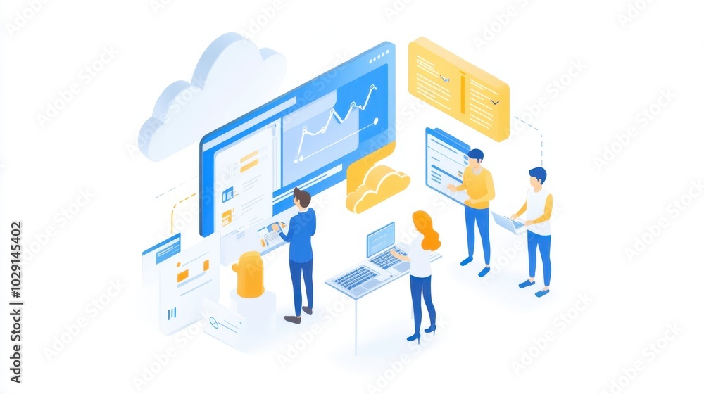 Poster team overseeing cloud app deployment, depicted in a flat design with visual representations of infra