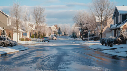 A suburban neighborhood street after freezing rain where everything is coated in a thin layer of ice.