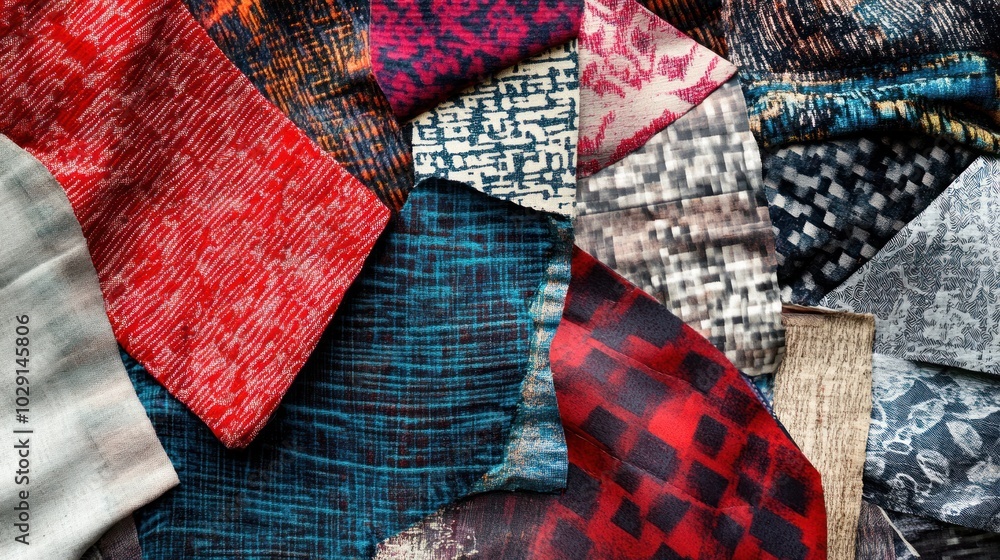Poster a flat lay of colorful patterned fabric swatches in various textures and colors.