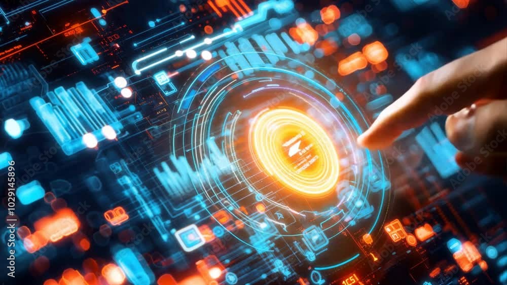 Poster fintech concept with hand touching a digital screen displaying ,generative ai