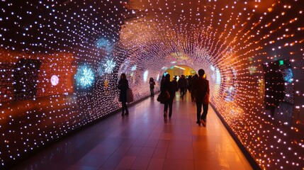 A group of people walk through a tunnel covered in small white lights. The tunnel walls are decorated with colorful lights and designs.