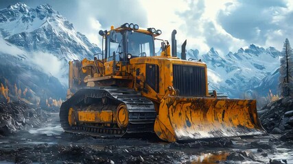 Yellow bulldozer with muddy tires on a wet construction site in an urban area, with buildings in the background