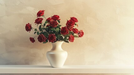 Red Roses in a White Vase on a Shelf Against a Textured Wall
