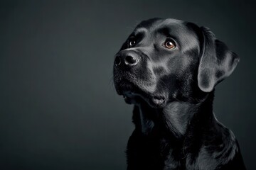 A noble black Labrador gazes thoughtfully against a dark backdrop in serene elegance