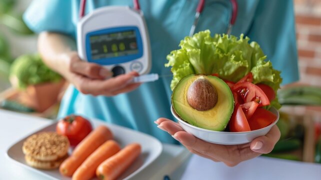 Healthy diet and diabetes awareness concept with fresh vegetables and glucometer