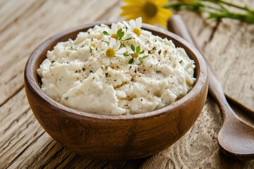 Creamy cottage cheese served in a rustic wooden bowl with fresh herbs and flowers