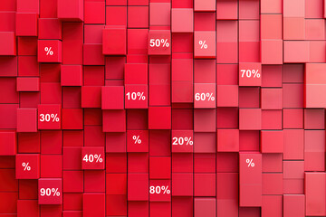 Stacks of red cubes are arranged in a grid displaying percentage symbols, ideal for marketing promotions or discount announcements.