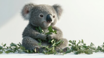 A cute koala bear sitting on a white background with eucalyptus leaves.