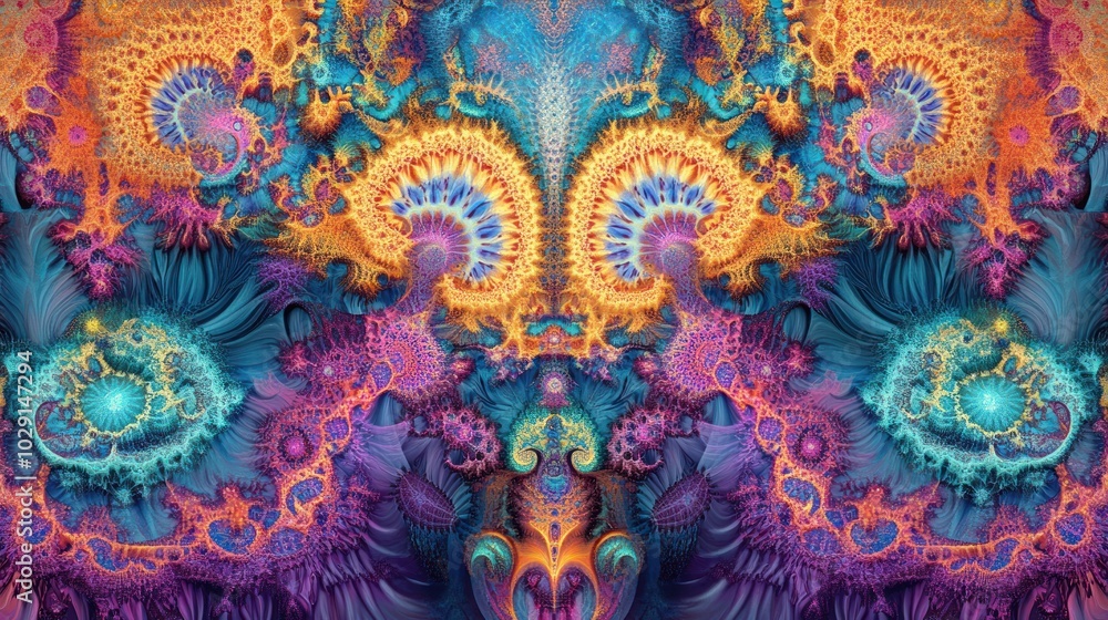 Poster abstract symmetrical fractal design with vibrant colors and intricate patterns.