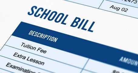 School Bill, paper college invoice, education payment statement with list of services, camera movement over paper form, footage