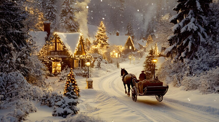 A vintage Christmas postcard scene with a horse-drawn sleigh gliding through a snowy village with warmly lit cottages in the background.