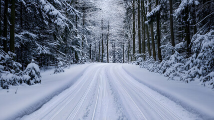 Obraz premium A snow-covered road with deep tire tracks leading through a dense forest.