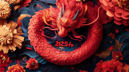 A bold red paper-cut snake coiling around "2025," surrounded by detailed lion dance elements and bright festive banners, intricate cut-out textures,