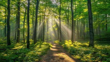 Obraz premium Sun rays illuminate a path through a lush, green forest.