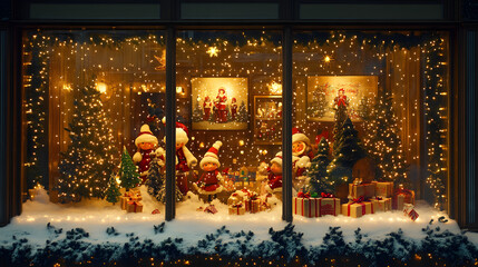 A window display of a department store featuring animated Christmas scenes with moving figures and twinkling lights.