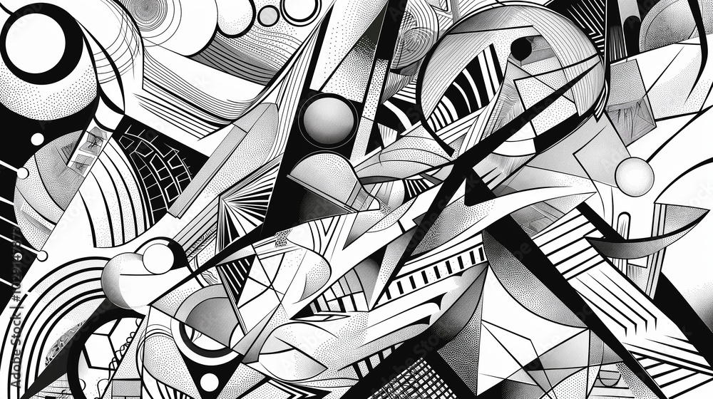 Poster intricate line art depicting abstract geometric shapes and patterns, creating a visually striking bl