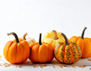 small decorative pumpkins on a orange background with space for text