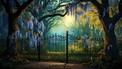 Obraz premium Enchanted Iron Fence in a Mystical Forest Setting