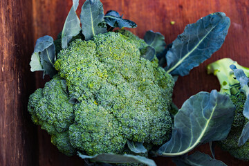 Closeup of a large head of broccoli in a wooden container