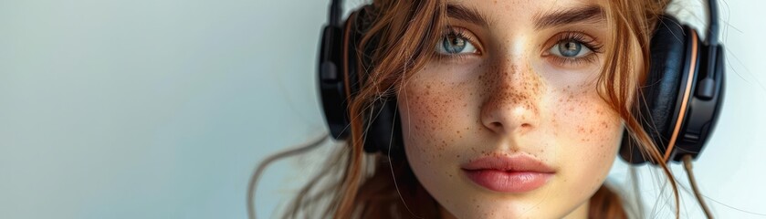 Obraz premium Girl with headphones, white background, listening to music