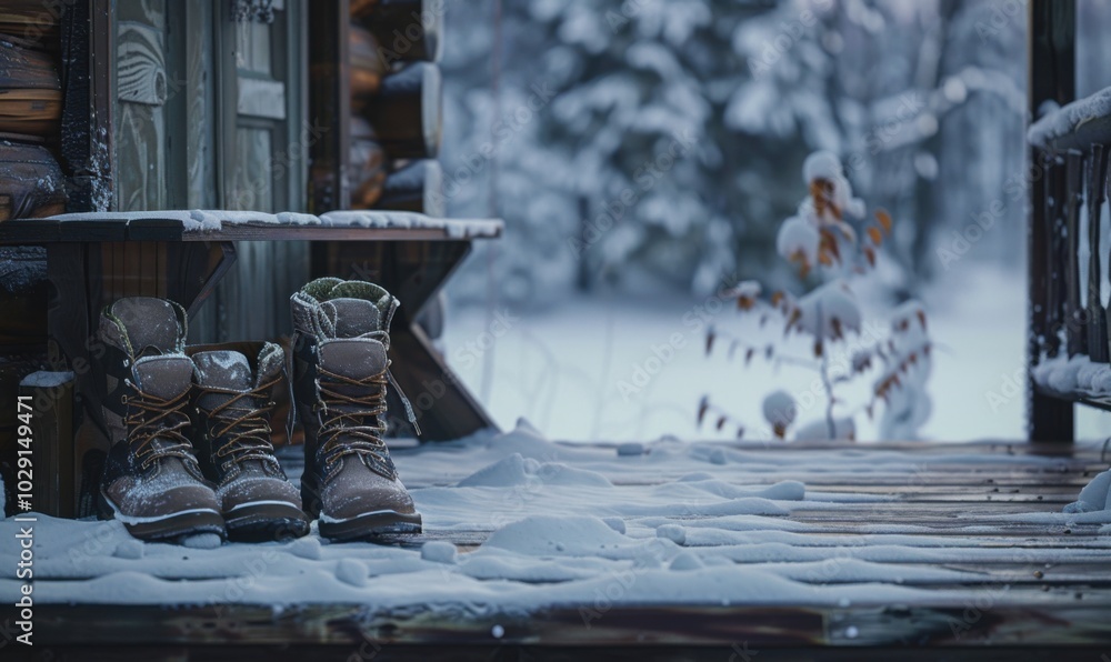 Canvas Prints Pair of snow boots on the cabin porch, 4K hyperrealistic photo