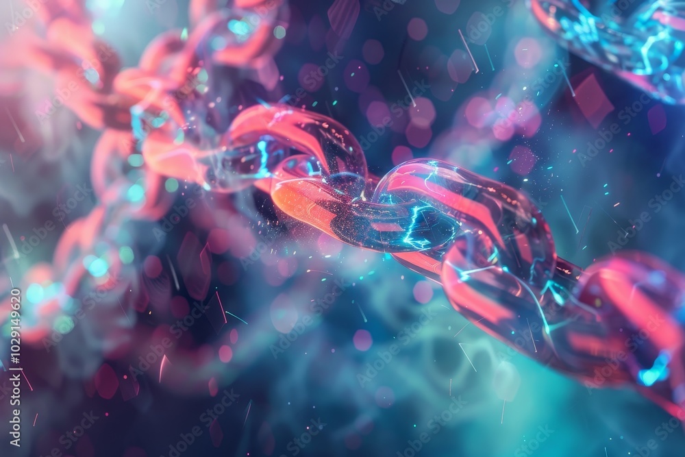 Poster abstract visuals symbolizing blockchain cryptography ,a chain of interlinked shapes set against a vi