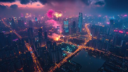 Obraz premium Nighttime Cityscape with Fireworks Display