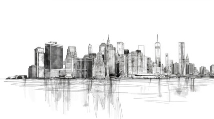Naklejka premium Minimalist black and white line drawing of a city skyline, showcasing iconic buildings and structures in a clean, artistic style for a modern backdrop.