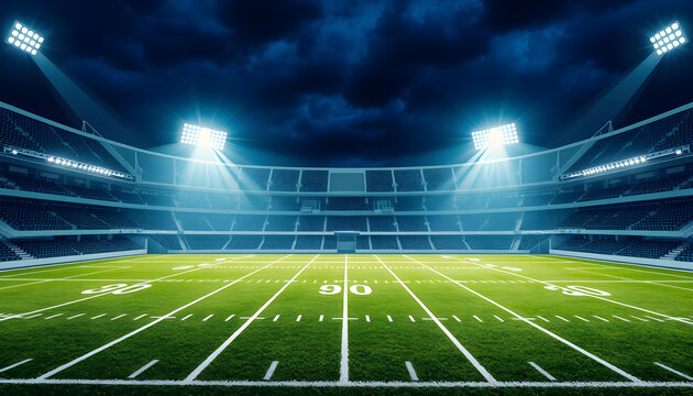 Futuristic American football stadium at night with shining spotlights and thrilling atmosphere before sport event. American football field illustration as sport background for advertising isolated w