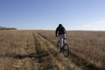 Fototapeta premium person riding a bicycle in the field