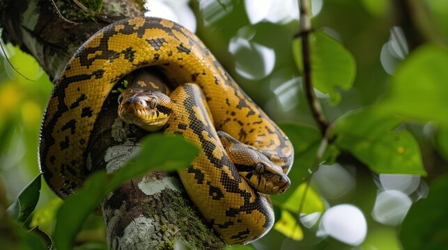 Yellow and Black Python Wrapped Around a Tree Trunk
