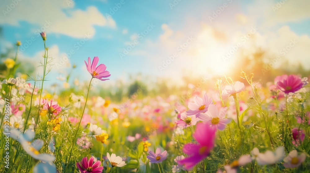 Wall mural A vibrant spring meadow filled with colorful wildflowers under a clear blue sky during sunset