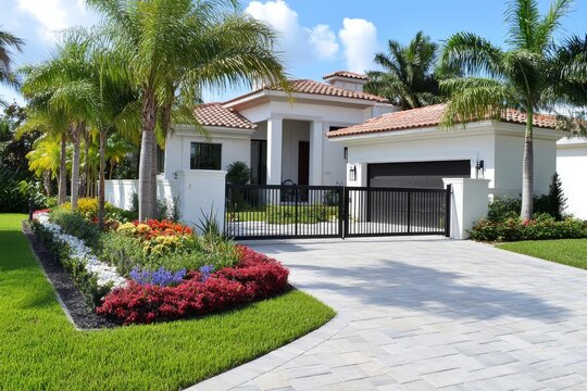 A black aluminum double-swing gate with an attached dog gate, located in front of the house on a very nice driveway that leads to a beautiful home.