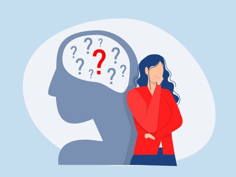 Imposter syndrome thinking mind ,shadow woman standing for adoubt question mark with Anxiety and lack of self confidence at work, the person fakes is someone else concept vector