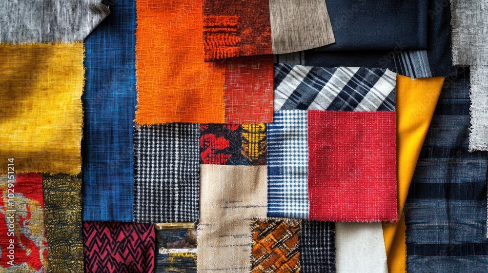Poster a collection of colorful fabric swatches arranged in a patchwork design, showcasing a variety of tex