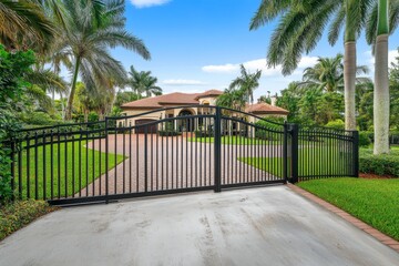 A black aluminum guardrail fence with an arched gate at the entrance to a home.
