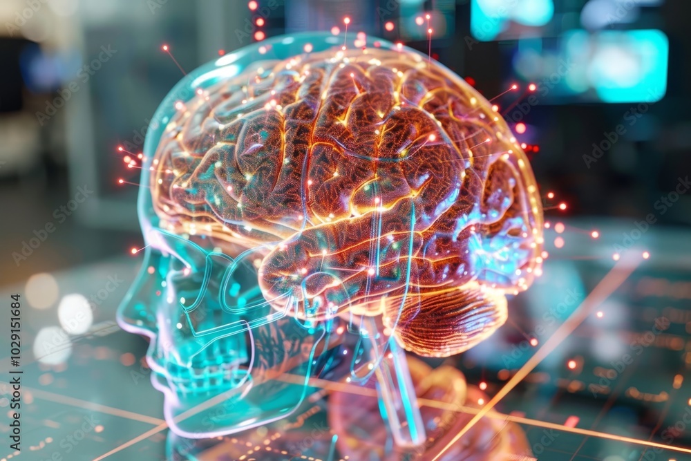 Poster ai algorithm studying a 3d brain scan ,a computer monitor showcasing a brain illustration, highlight
