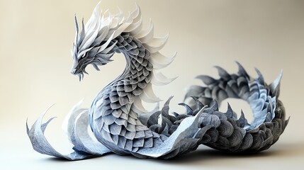 Fototapeta premium Detailed paper cut origami dragon with intricate scales and flowing curves, ideal for fantasy decor, paper cut dragon, origami fantasy design