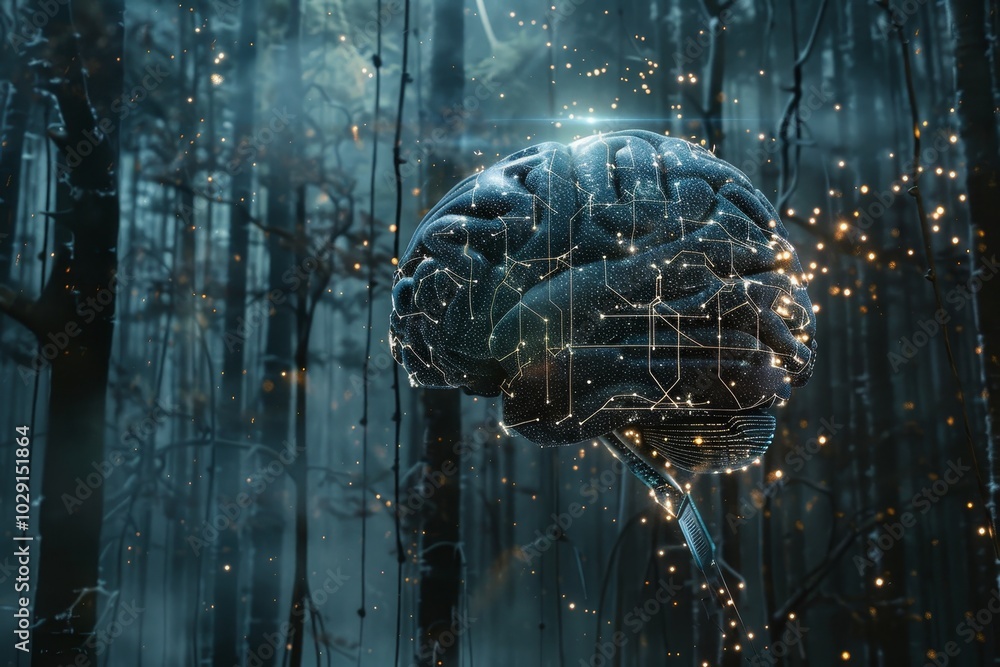 Poster ai brain interface with neural connections,a brain nestled in a forest, illuminated by ethereal glow