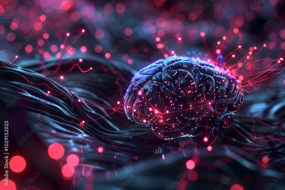 Poster ai brain interface with neural connections,a brain placed among the trees in a forest, radiating wit