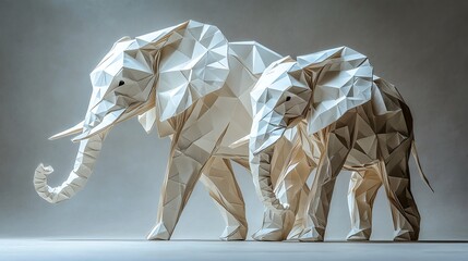 Paper cut origami elephants with sharp folds and detailed patterns, creating an artistic display, paper cut elephant, origami animal design