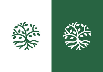 nature logo vector design template line art tree and human or person inside circle, abstract tree logo symbol inside circle