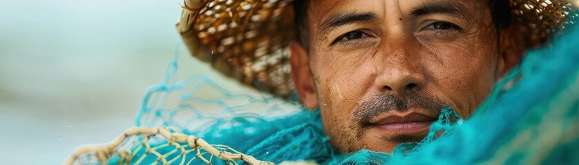 Obraz premium Man with fishing net, white background, outdoor hobby